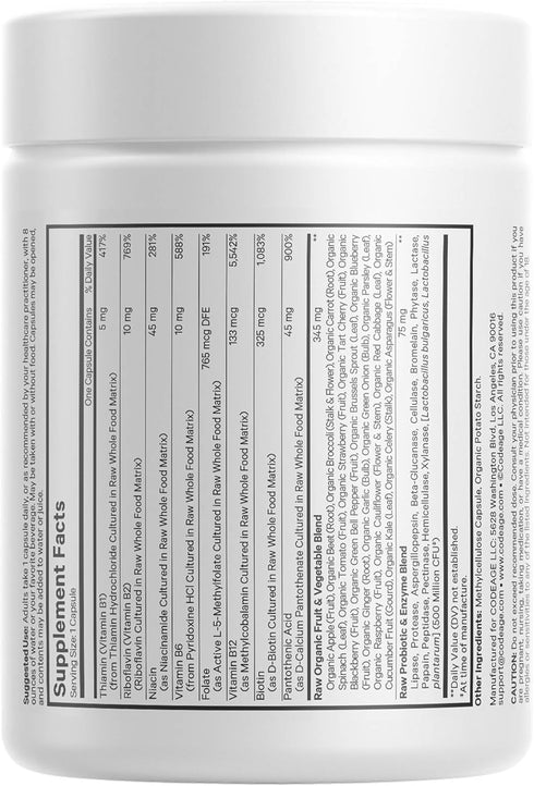 Codeage Raw Vitamin B-Complex Supplement - Essential B Vitamins with Probiotics, Digestive Enzymes, 2-Month Supply - 60