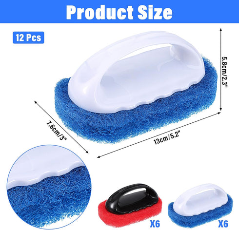 xozeooeu 12 Pack Set, Handled Scrubber Non-Scratch Reusable Scouring Pads with Handle for Bathroom, Shower Tile