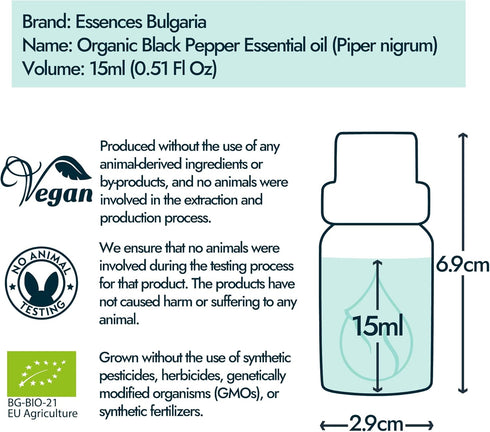 Essences Bulgaria Organic Black Pepper Essential Oil 0.51 Fl Oz | 15ml 100% Pure Natural for Aromatherapy, Massage