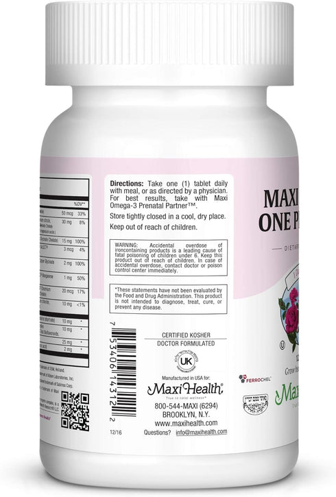 Maxi Health One Prenatal | Women's Prenatal Vitamins with Iron | Enhanced Absorption & Bioavailability | 120 Capsules