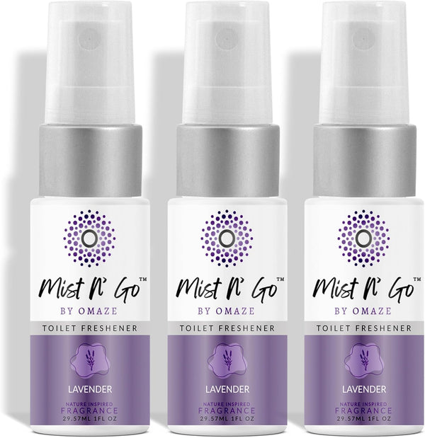 Mist N’ Go by Omaze Travel Bathroom Spray, 1oz x3 - Toilet Odor Eliminator, Lavender Travel Size