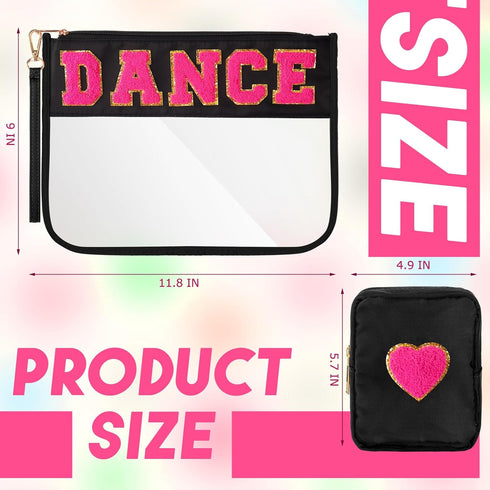 Hillban 2 Pcs Dance Theme Gifts Chenille Letter Bags Dance Preppy Patch Makeup Bag Flat Clear Pouch PVC Organizer Purse Waterproof Travel Cosmetic Bag Portable Toiletry Storage Bag for Women Girl