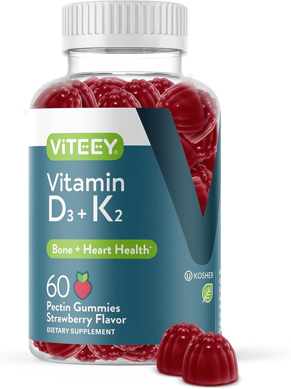 Vitamin D3 K2 Gummies, 1000 IU Vitamin D3 and K2 100mcg, Tasty Chewable Strawberry Flavored Gummy