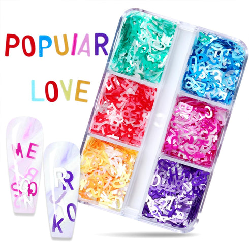 6 Colors Letter Nail Art Glitter Sequins, 3D Holographic English Letter Flake Designs for Acrylic Nails Women DIY