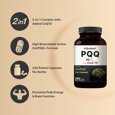 NatureBell PQQ 40mg Per Serving with CoQ10, 240 Capsules, Active Pyrroloquinoline Quinone, Highly Bioavailable ZenPQQ+