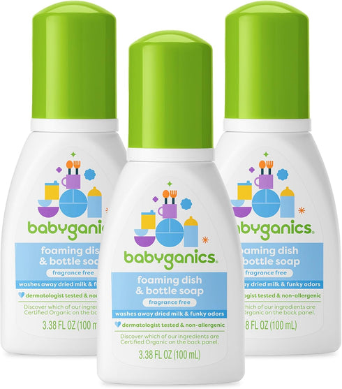 Babyganics Foaming Dish & Bottle Soap, Fragrance Free, Plant-Derived, 3.38 Fl Oz (Pack of 3)