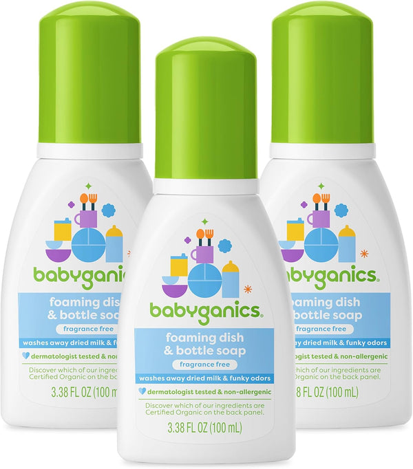 Babyganics Foaming Dish & Bottle Soap, Fragrance Free, Plant-Derived, 3.38 Fl Oz (Pack of 3)
