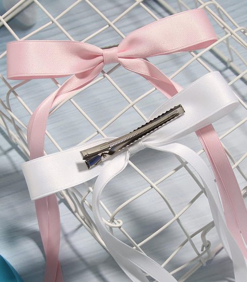 Women's Hair Clips with Tassels, 4pcs Barrettes Claw Clips with Ribbon Bowknot & Long Tails (Pink, Light Blue, White,