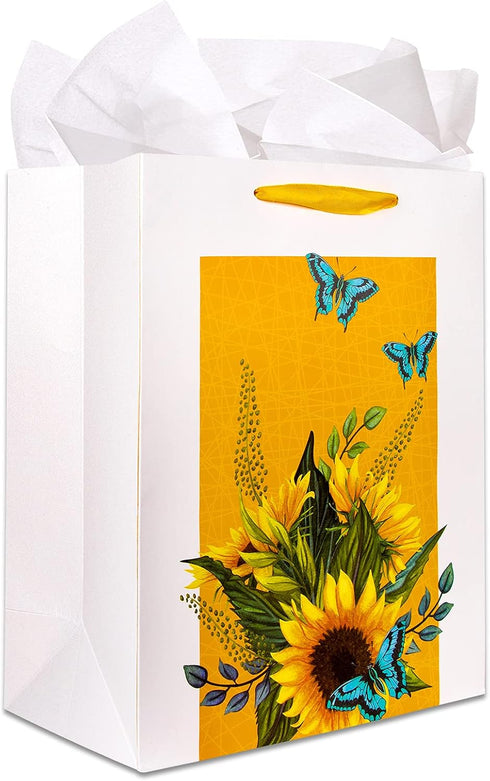 XJF Large Sunflowers Gift Bag - 13" Watercolor Flowers Gift Bag with Tissue