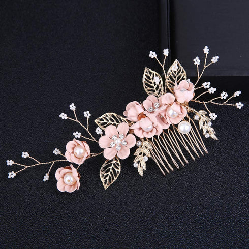 NUOBESTY 4Pcs Wedding Hair Clip Comb Handmade Bridal Hair Clip Pearl Floral Leaf Hair Accessories for Women Wedding (Pink)