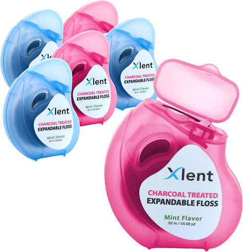 Expandable Floss Treated with Activated Charcoal, Xylitol & Natural Plant Based Wax, Fresh Mint Flavor, 50 Meter (6