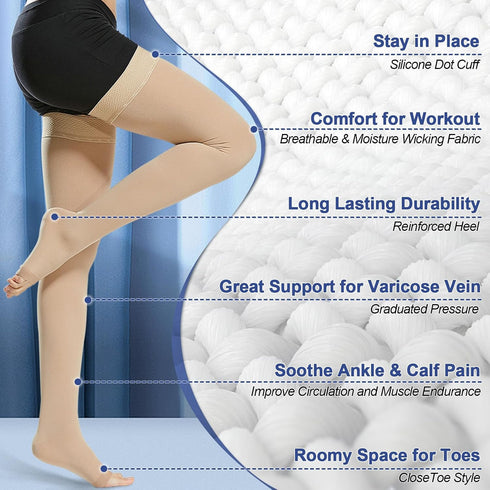 Beister 1 Pair Medical Open Toe Thigh High Compression Stockings, 20-30 mmHg Graduated Support