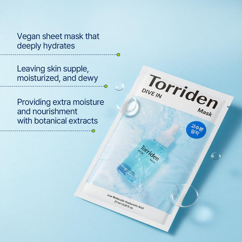 Torriden DIVE-IN Hyaluronic Acid Facial Sheet Masks | 10 Count Moisturizing Sheet Mask for Sensitive, Dry Skin, Vegan &