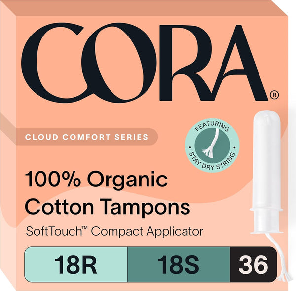 Cora Organic Applicator Tampon Multipack | 36 Total - 18 Regular & 18 Super Absorbency - 100% Organic Cotton