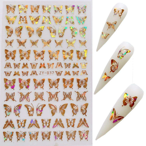 NAIL ANGEL 8Sheets Nail Art Adhesive Sticker Sheets with Different Laser Gold and Silver Butterfly Shapes