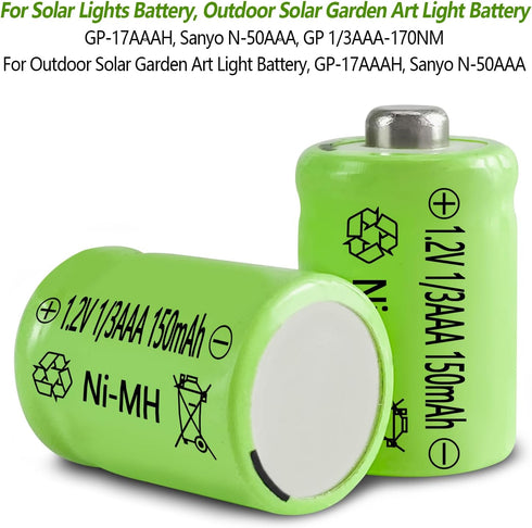 JINTION 1/3 Rechargeable AAA 150mAh Button Top NiMH Battery, 12 Pack for Solar Lights