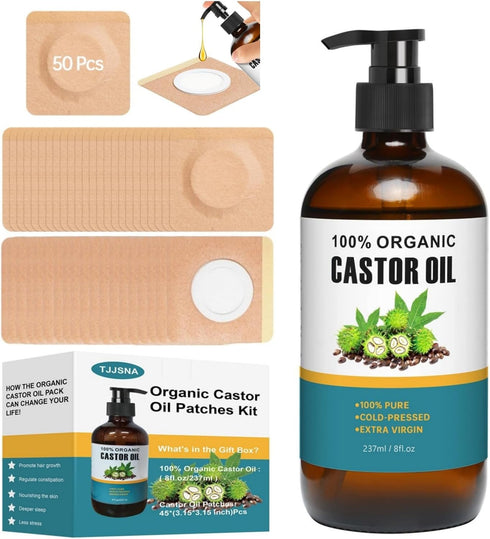 TJJSNA Organic Castor Oil Patches Kit 50 Pack with 8oz Cold Pressed, Hexane