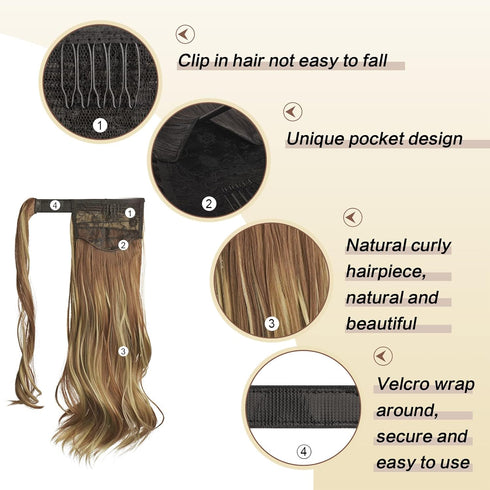 SOFEIYAN Curly Ponytail Extension 15 Inch, Heat Resistant Synthetic Natural Wavy Hairpiece for White Black Women, Brown