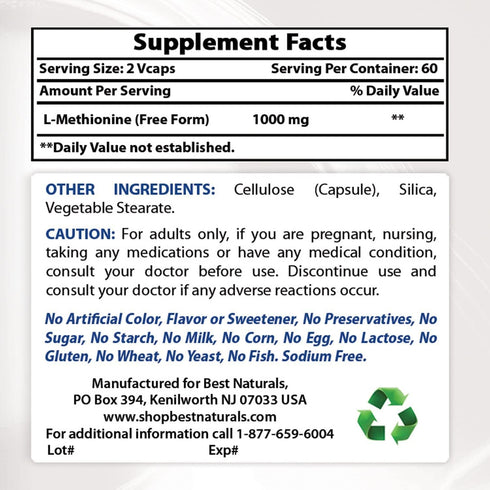 Best Naturals L-Methionine 500 mg, 120 Veggie Capsules
