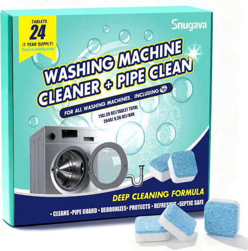 SNUGAVA Washing Machine Cleaner Tablets and Deodorizer: 24 Pack Laundry Machine Tub Descaler