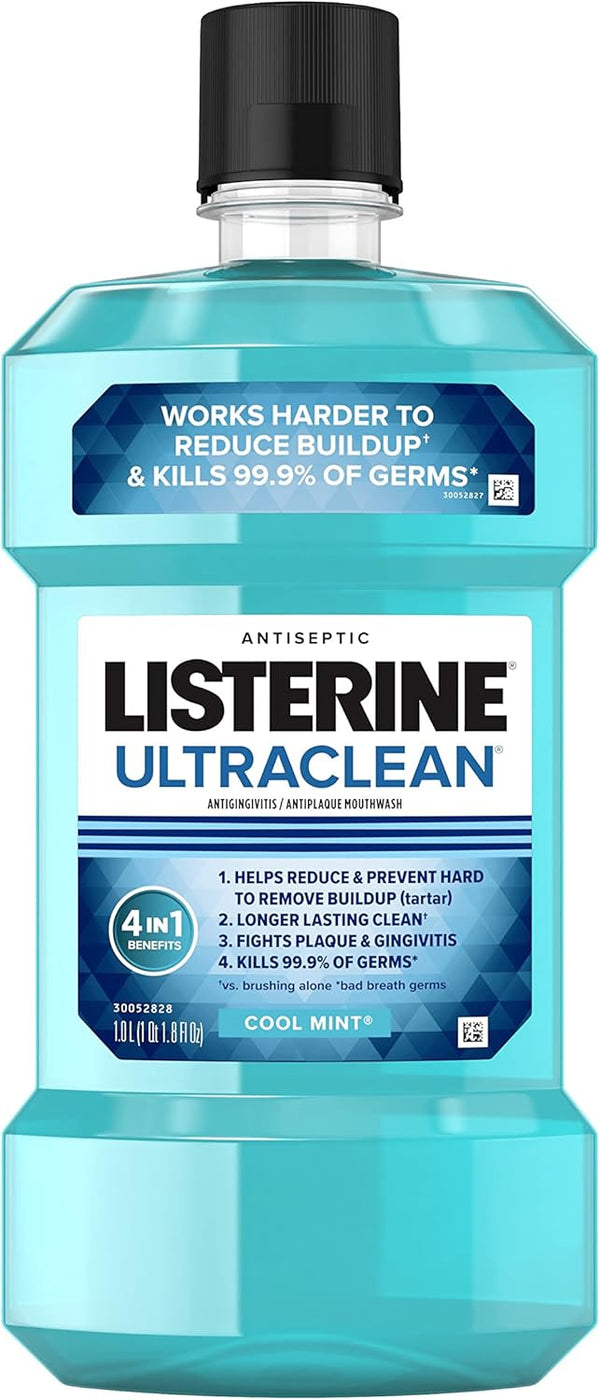 Listerine Ultraclean Mouthwash, Antiseptic Oral Care, Cool Mint, 1 L, ADA-Accepted Tartar Control