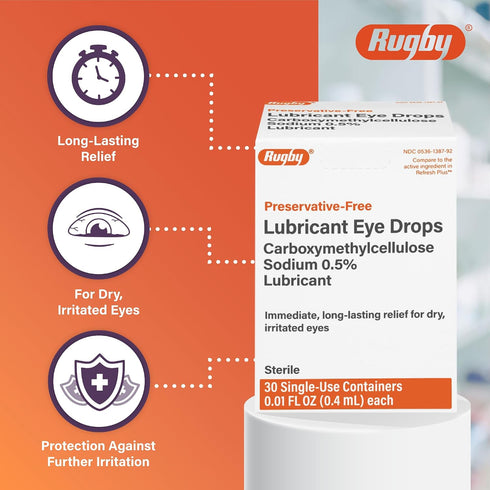 Immediate, 30 0.01 Oz (0.4 mL) (1 Pack) Rugby Preservative-Free Lubricant Eye Drops - Long-Term Relief for Dry
