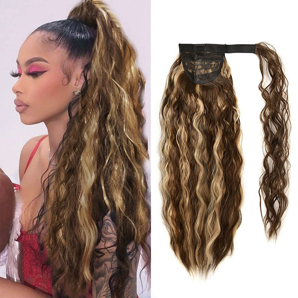 YEAME Corn Wave Ponytail Extension Clip in - 22 Inch Long Wavy Curly Wrap Around Pony Tail Heat Resistant Synthetic