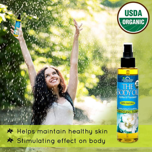 US Organic Body Oil - Rich Floral Ylang Ylang Jojoba and Flaxseed Oil with Vitamin E, USDA Organic, 5 Fl. oz.
