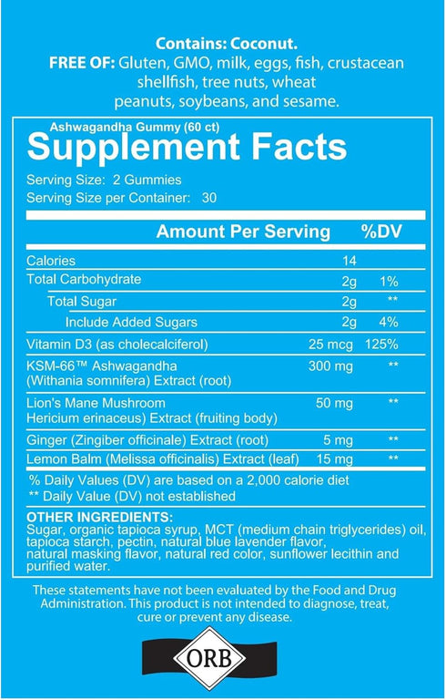 Ashwagandha Gummies with KSM-66, Lion's Mane, Vitamin D, Mixed Berry, Non-GMO, Gluten-Free, Kosher - 60 Count