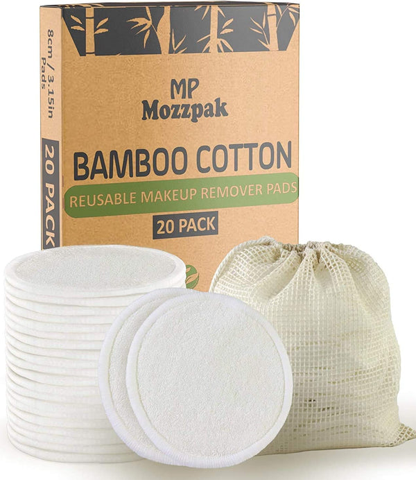 MP MOZZPAK (20 Pack) Reusable Makeup Remover Pads - Bamboo Cotton Rounds with Laundry Bag