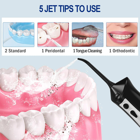 Cordless Water Flosser for Teeth Cleaning, 300ML Portable Electric with 5 Modes & 6 Jet Tips, IPX7 Waterproof for