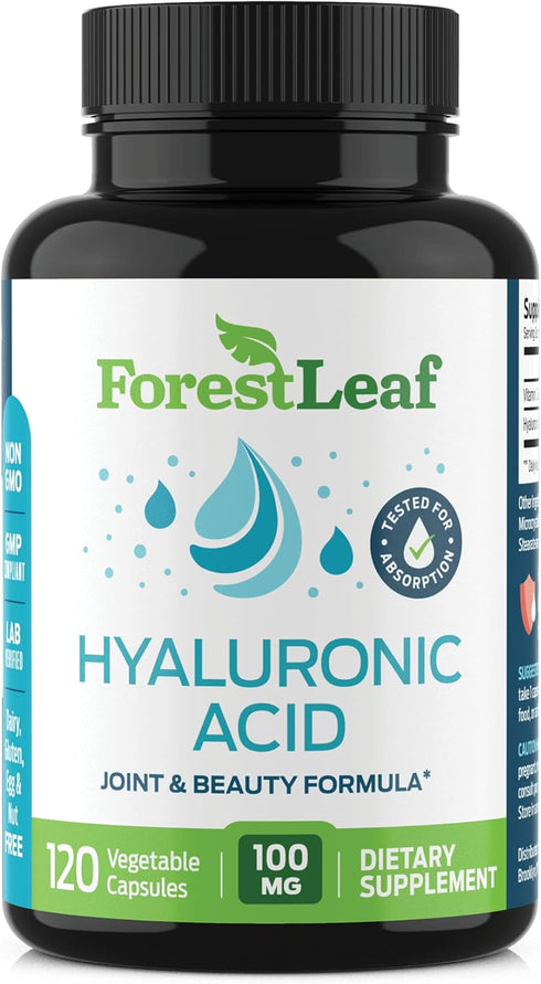 ForestLeaf Hyaluronic Acid Supplements - 100mg Dietary Powder Capsules + 50mg VIT C, 120 Caps