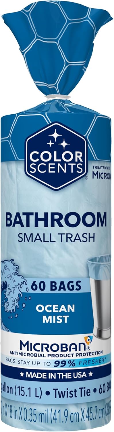 Color Scents Small Trash Bags - 4 Gallon, 60 Bags (1 Pack of 60 Count), Light Blue Bag in Ocean Mist Scent