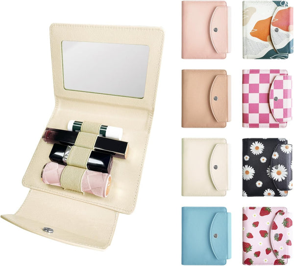 PU Lipstick Case Holder with Mirror, Holds 4 Long Lipsticks, Makeup Travel Organizer Bag for Women and Girls