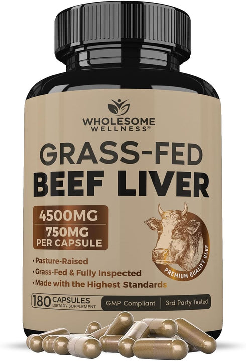 Wholesome Wellness Grass Fed Desiccated Beef Liver Capsules (180 Pills, 750mg Each) - Natural Iron and Vitamins