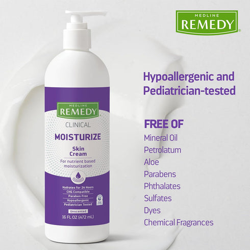 Medline Remedy Clinical Skin Cream Moisturizer, Unscented 16 fl oz Pump Bottle for Dry Skin, Paraben & Sulfate-Free