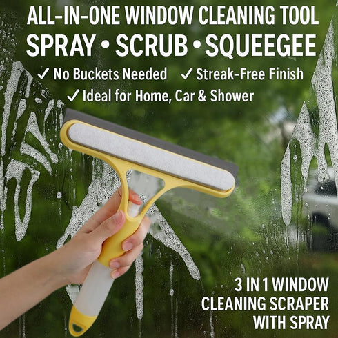 HBBDYLMY 3 1 in Window Cleaning Scraper, Squeegee with Sprayer, All-in-One Glass Cleaner Tool with Sponge & Rubber