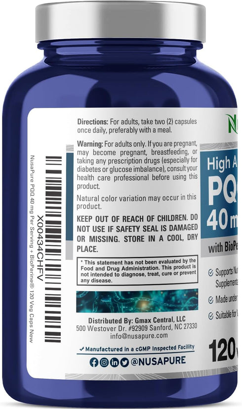 NusaPure PQQ Supplement 40 mg, 120 Veggie Capsules, Non-GMO
