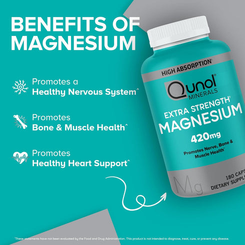 Qunol Magnesium Capsules 420mg - 180 Count High Absorption Extra Strength Supplement for Bone and Muscle Health