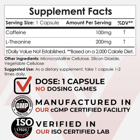 Nootropics Depot Caffeine and L-Theanine Capsules | 60 Pills | 100mg Caffeine, 200mg L-Theanine | Energy Booster
