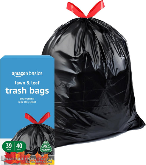 Amazon Basics Lawn & Leaf Drawstring Trash Bags, 39 Gallon, 40 Count, 20% Post Consumer Recycled Content