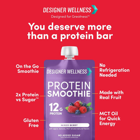 Designer Wellness Protein Smoothie, Real Fruit, 12g Protein, Low Carb, Gluten-Free, Variety Pack, 12 Count