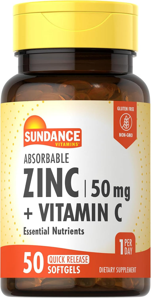 Sundance Absorbable Zinc with Vitamin C - 50mg, 50 Softgels, Essential Nutrients, Non-GMO and Gluten Free Supplement