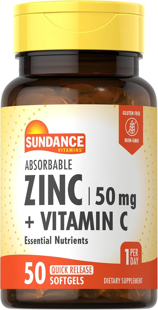 Sundance Absorbable Zinc with Vitamin C - 50mg, 50 Softgels, Essential Nutrients, Non-GMO and Gluten Free Supplement