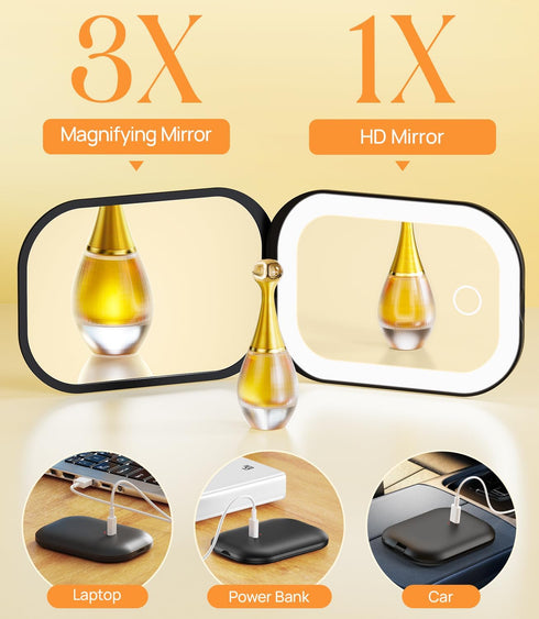 Gospire Lighted Travel Makeup Mirror, 3X Magnification Rechargeable Mini Mirror with Adjustable Light - Black