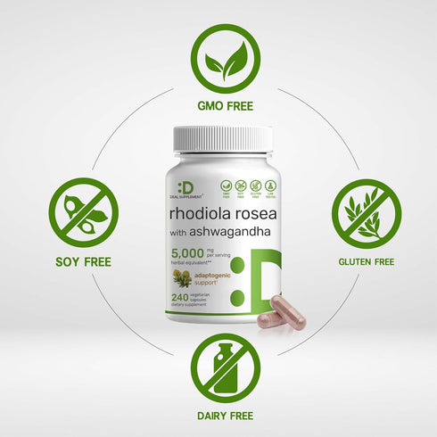 DEAL SUPPLEMENT Rhodiola Rosea with Ashwagandha, 5,000mg Per Serving, 240 Veggie Capsules, Max Strength Adaptogenic