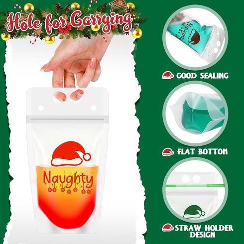 Zhanmai 50 Set Christmas Drink Pouches With Straws - Reclosable Plastic Bags for Adults - Team Naughty Team Nice - Xmas