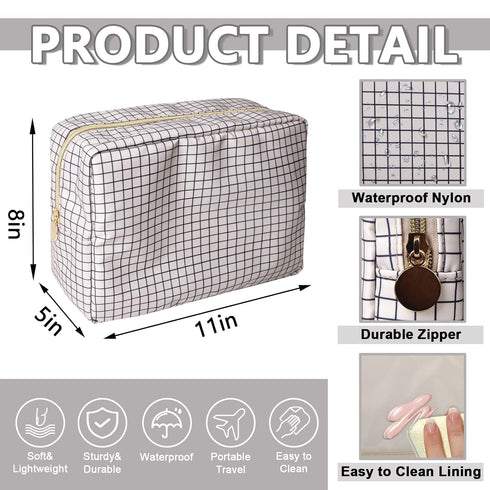Waterproof Large Makeup Bag Pouch,Nylon Women Travel Toiletry Storage Bag Checkered Cosmetic Bag for Girls,Big Preppy Makeup Organizer Bag Zipper Skincare Bag for Sport Work(Large-Checkered)