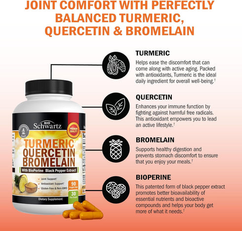 Turmeric Quercetin with Bromelain Supplement - Extra Strength Immune & Joint Support with BioPerine for Max Absorption