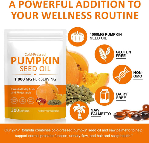 Vortexonix 2 1 1000mg 300 Pumpkin Seed Oil with Saw Palmetto Capsules, in Pumpkin Seed Oil Capsules for Hair Growth